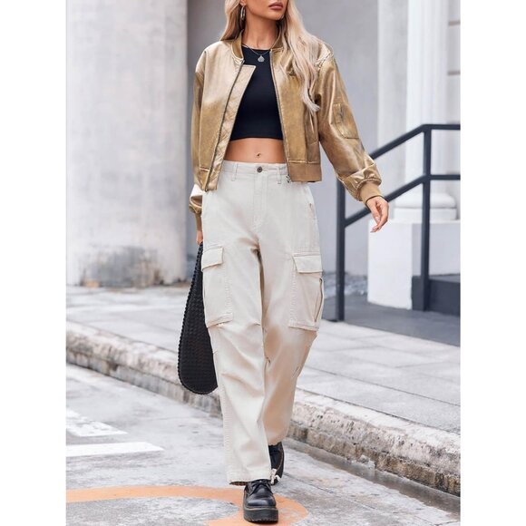 Women Cream 100% Synthetic Leather Baseball Collar Zip Up Cropped Biker Coat - Picture 5 of 6